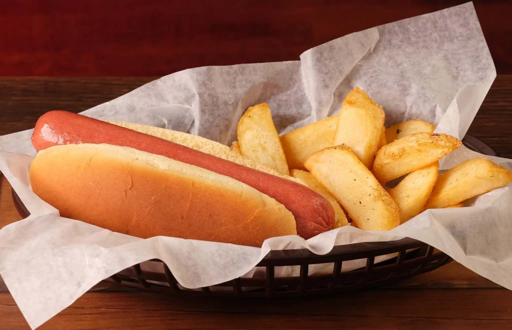 All-beef hot dog in basket with crispy fries