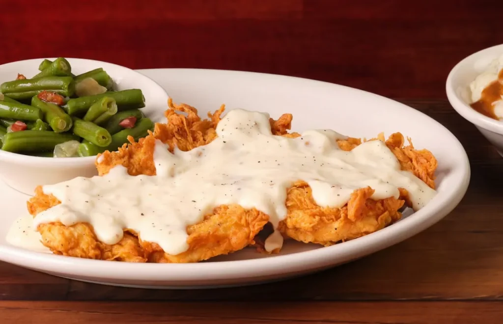 crispy country fried chicken topped with white gravy served with green beans