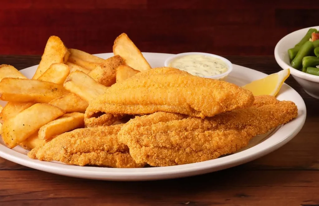 Crispy fried catfish with 2 sides of brown fries and dip cream