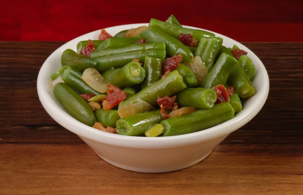 Green beans sprinkled with croutons in the bowl