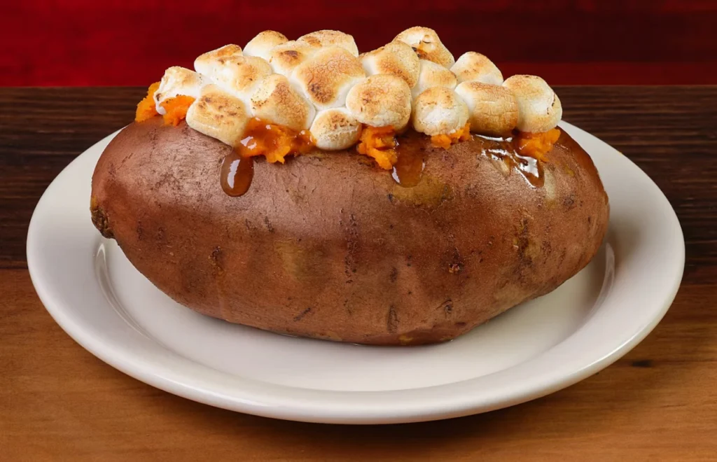 Plate with baked sweet potato topped with brown sugar glaze