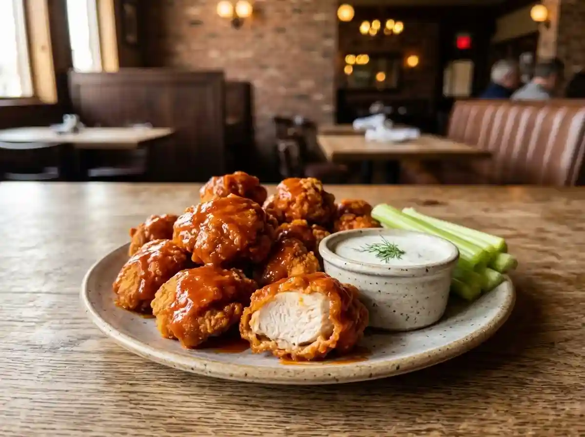 Boneless Buffalo wings 1 Hand-breaded boneless buffalo wings tossed in spicy sauce with blue cheese and celery