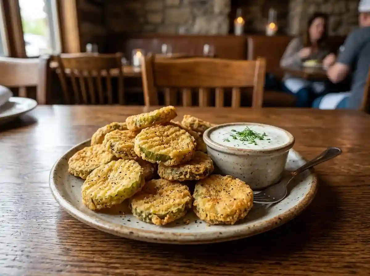 home page 3 "Basket of crispy cornmeal-battered fried pickle slices with ranch dipping sauce