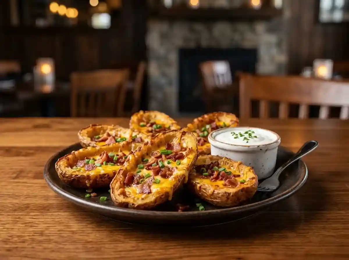 Tater skins 1 Baked potato skins loaded with melted cheddar cheese, crispy bacon bits, and sour cream