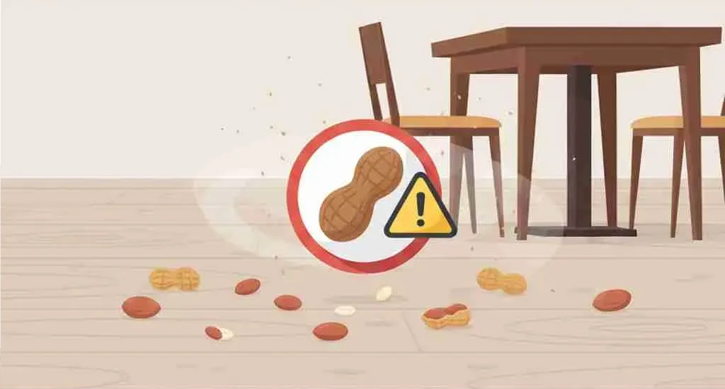 Allergens Menu 2 Peanut allergy cross-contamination risk in a restaurant environment with scattered peanut shells