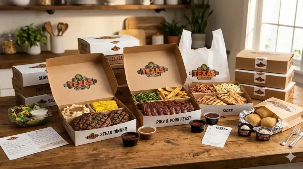 Texas Roadhouse Family Meals 3 Texas Roadhouse family meals to go with steaks ribs chicken sides and rolls in takeaway boxes