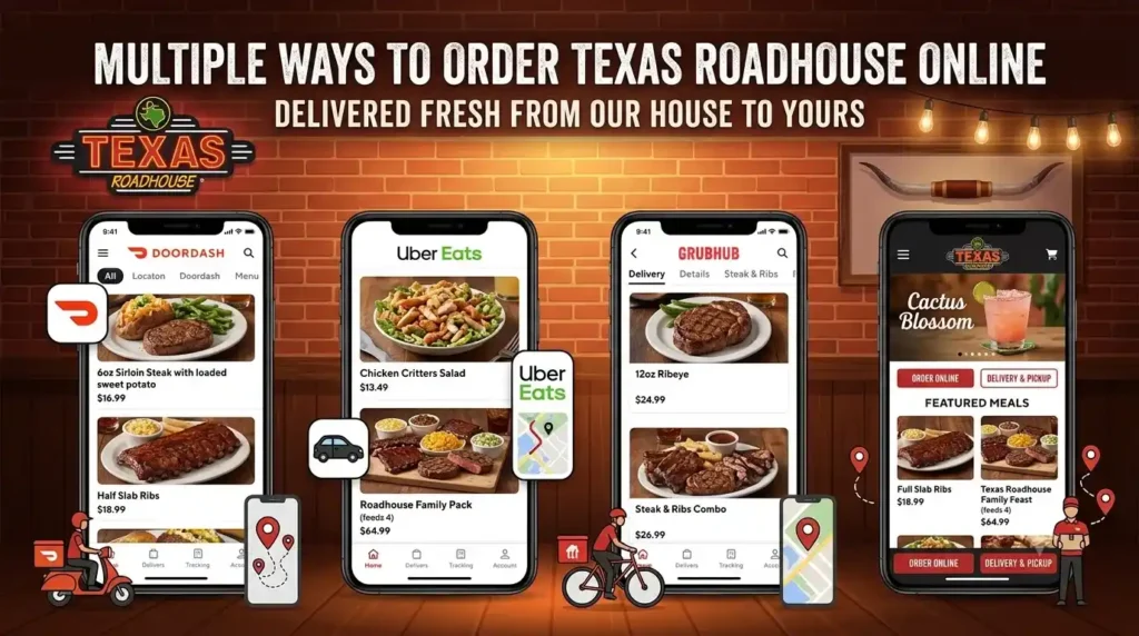 Texas Roadhouse Delivery 2 Graphic showcasing how to order Texas Roadhouse online via DoorDash, Uber Eats, Grubhub
