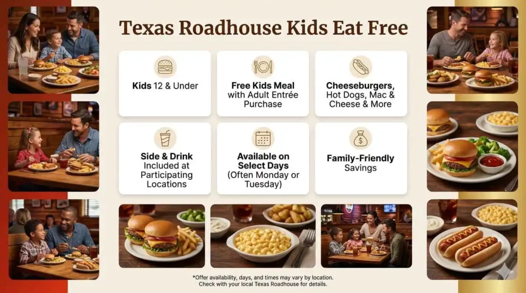 Texas Roadhouse kids Menu and Kids Eat Free 2 Image represent kids Eat free program with icons and text