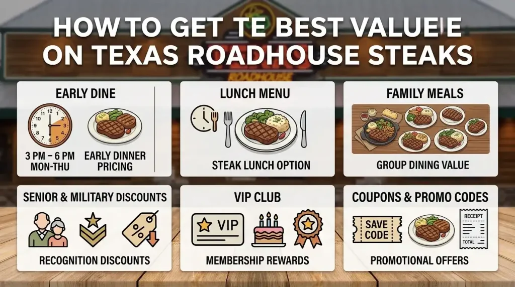 Texas Roadhouse Hand Cut Steaks Menu 6 An infographic detailing how to get the best value on Texas Roadhouse steaks.