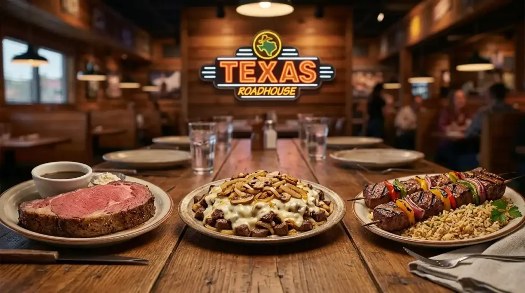 Texas Roadhouse Hand Cut Steaks Menu 3 Side-by-side presentation of Texas Roadhouse Prime Rib, Road Kill steak