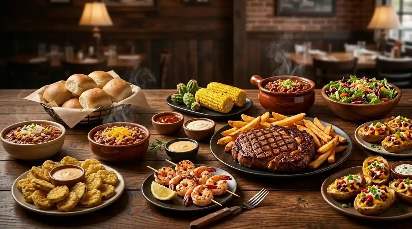 home page 1 Texas Roadhouse Menu on a wooden table layout featuring steak, fries, grilled shrimp, and side dishes.