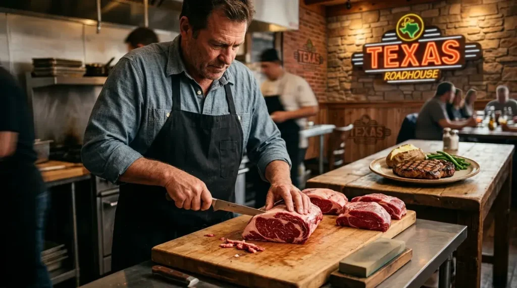 Texas Roadhouse Hand Cut Steaks Menu 1 A butcher trimming a fresh, marbled Texas Roadhouse Hand-Cut Steaks on a wooden cutting board