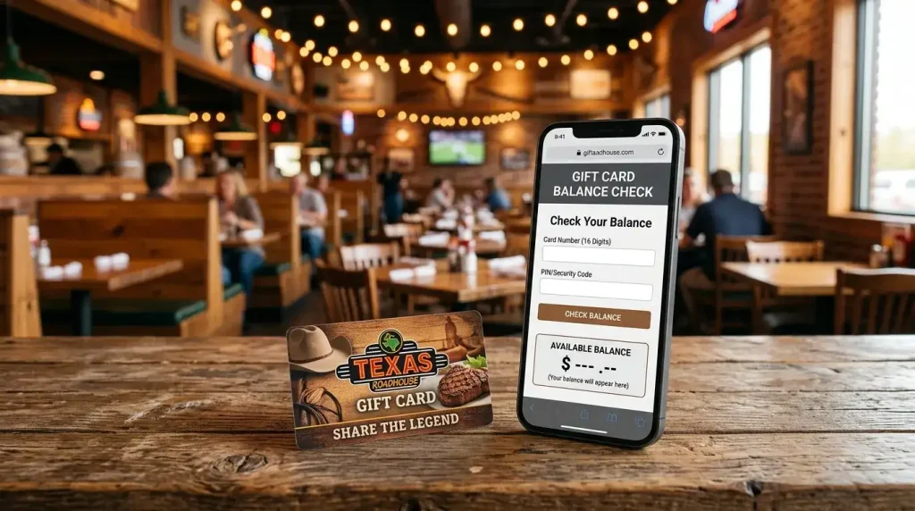 Texas Roadhouse Gift Card Balance 1 Texas Roadhouse gift card balance check on a smartphone beside a gift card
