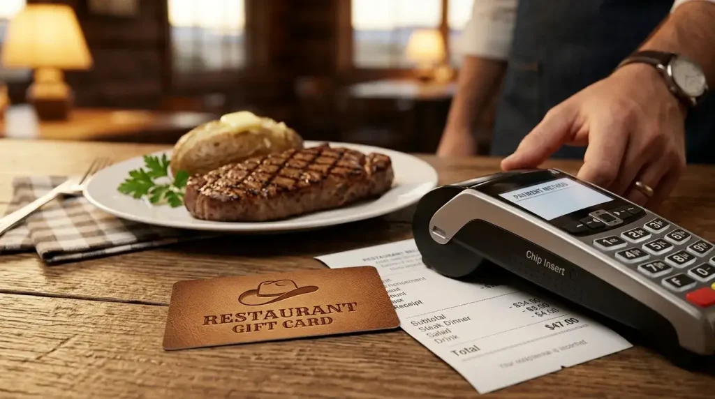 Texas Roadhouse Gift Card Balance 2 Texas Roadhouse gift card beside a steak dinner and restaurant payment terminal