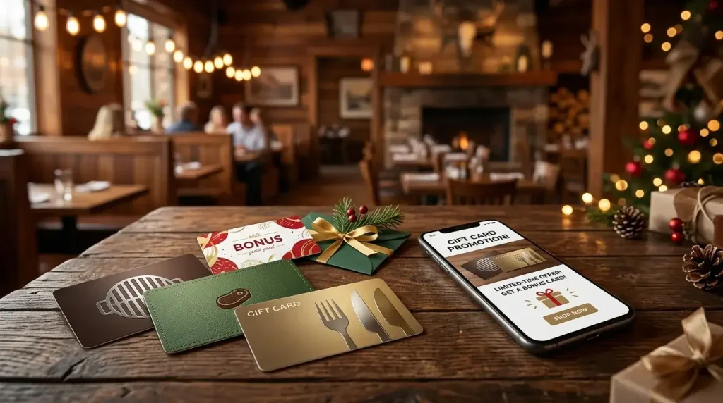 Texas Roadhouse Gift Card Balance 6 Realistic gift cards arranged on a rustic table representing limited-time restaurant gift card bonus promotions.
