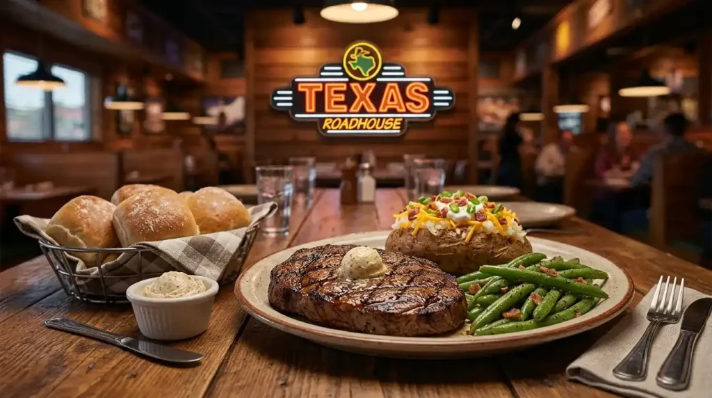 Texas Roadhouse Hand Cut Steaks Menu 4 Texas Roadhouse sirloin steak dinner served with a loaded baked potato, green beans, and a basket of warm dinner rolls.