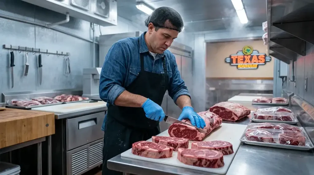 Texas Roadhouse Hand Cut Steaks Menu 2 Meat cutter wearing blue gloves trimming a fresh beef loin in a refrigerated commercial kitchen
