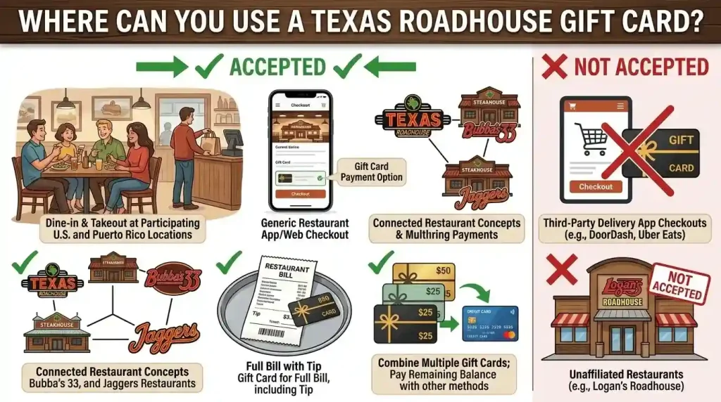 Texas Roadhouse Gift Card Balance 4 Infographic showing where Texas Roadhouse gift cards can and cannot be used