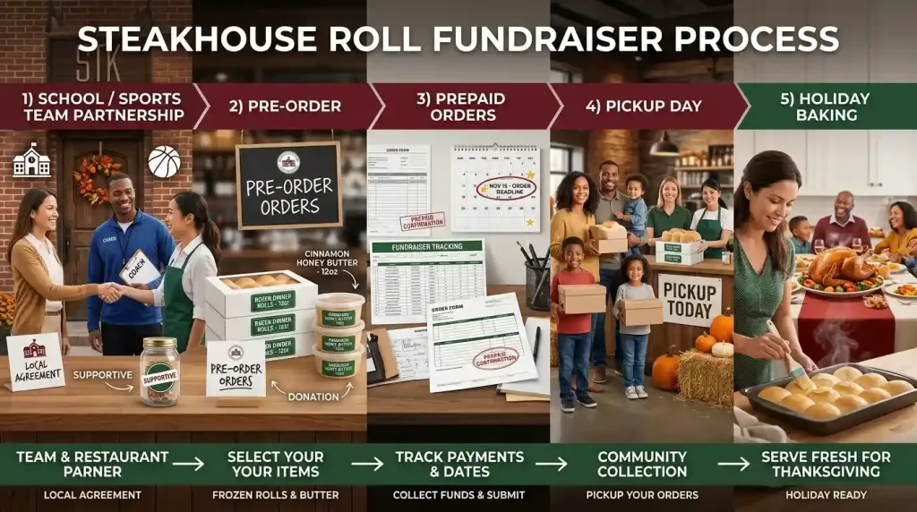 Texas Roadhouse Rolls 7 Infographic illustrating a 5-step steakhouse roll fundraiser process