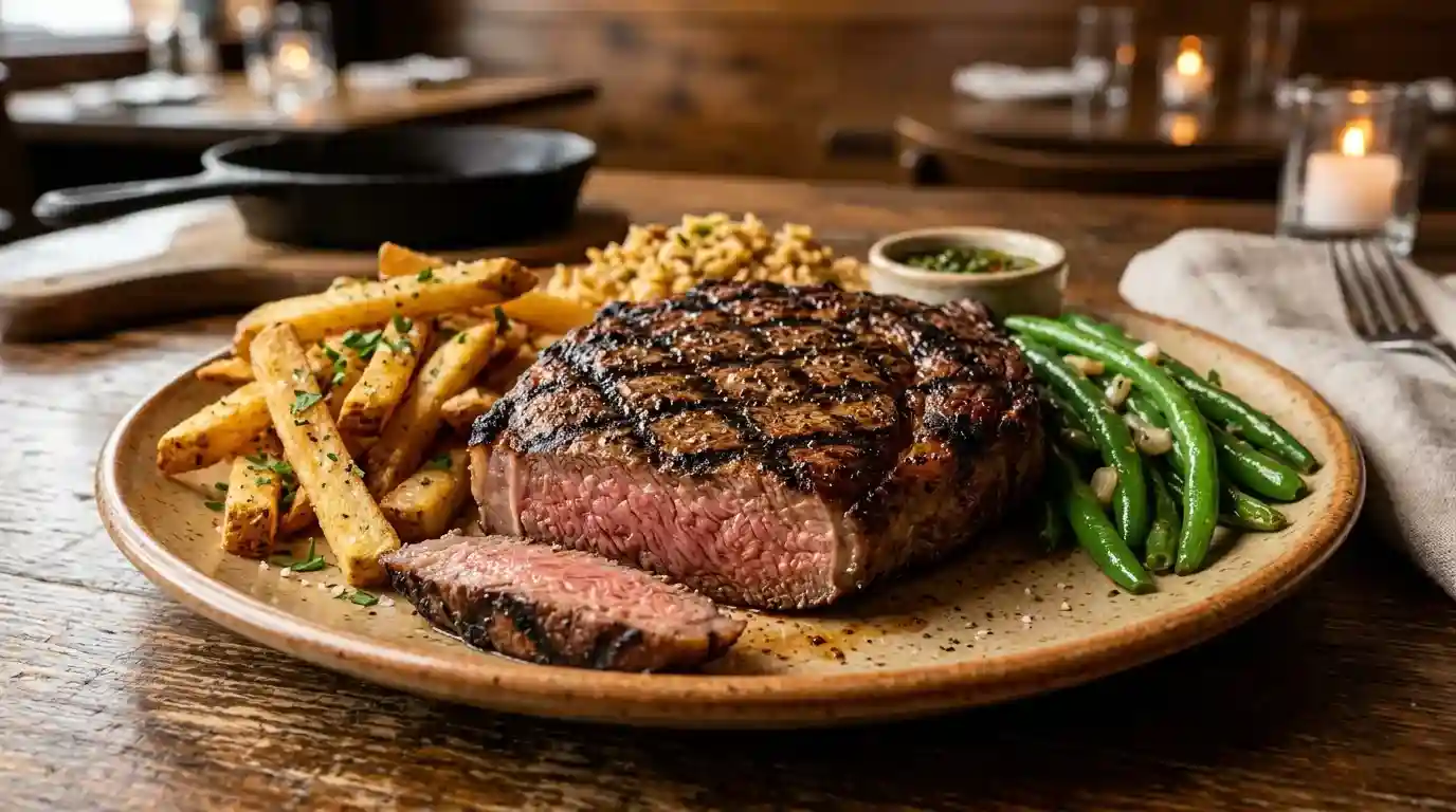 Hand-Cut Sirloin 1 Texas Roadhouse Hand-cut sirloin steak with grilled char marks, seasoned fries, and green beans