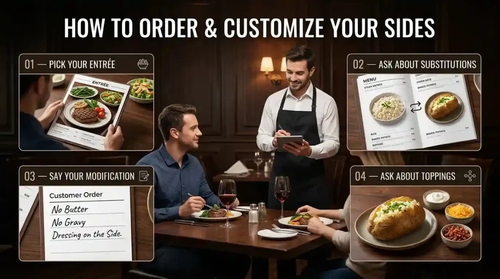 Sides Menu 4 How to order and customize Texas Roadhouse sides with entrée selection, substitutions, modifications and toppings