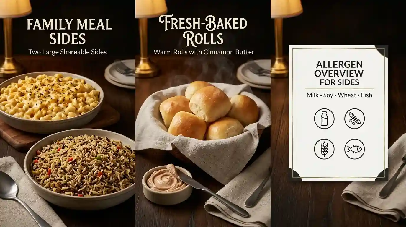 Sides Menu 3 Texas Roadhouse family meal sides, fresh-baked rolls with cinnamon butter, and sides allergen overview