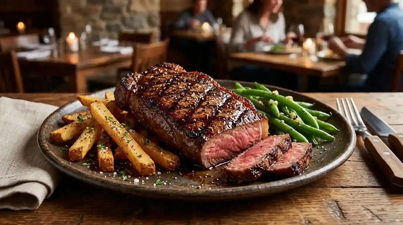new york strip 1 Texas Roadhouse New York Strip steak with grilled marks, fries, and green beans