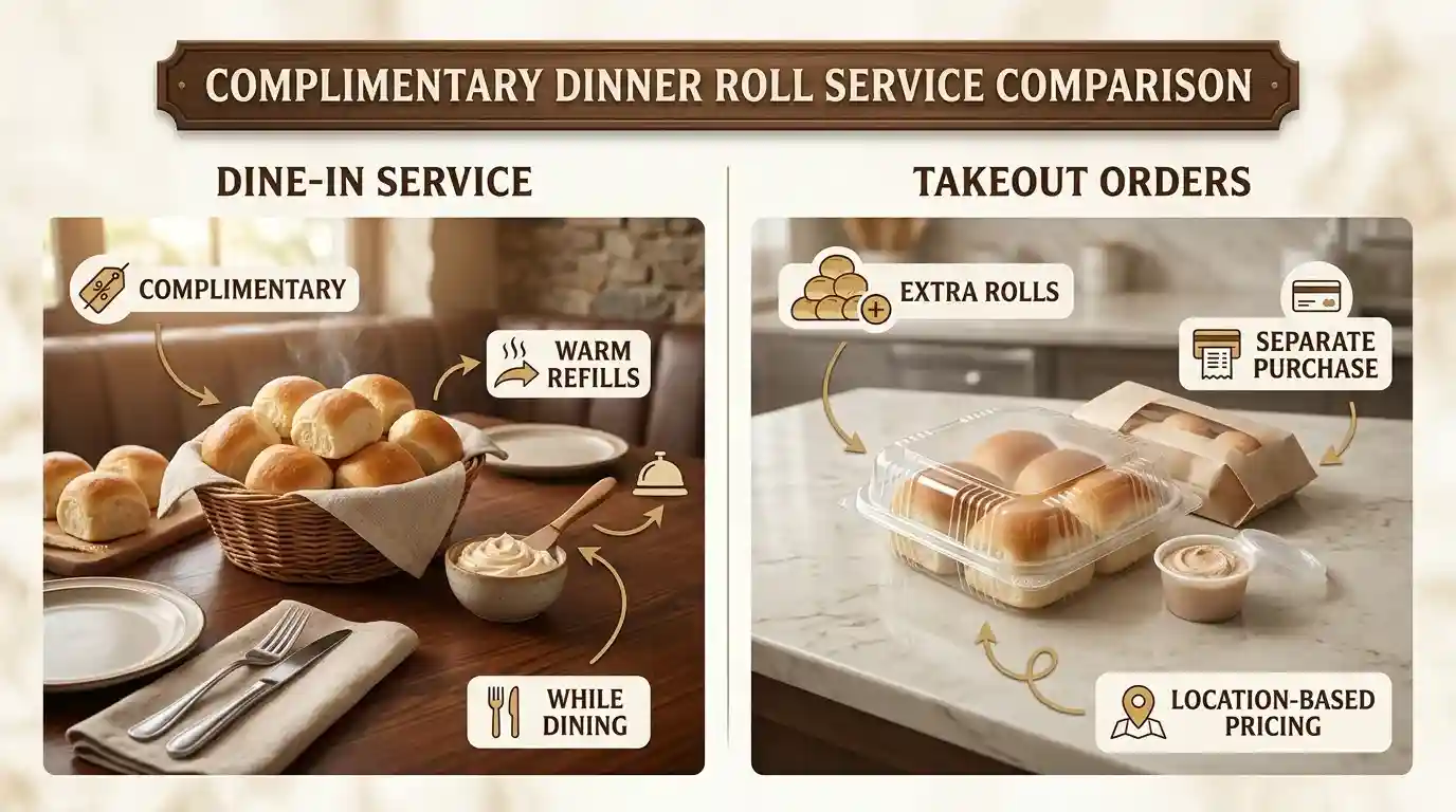 Texas Roadhouse Rolls 3 Texas Roadhouse rolls shown as complimentary dine-in refills compared with takeout rolls
