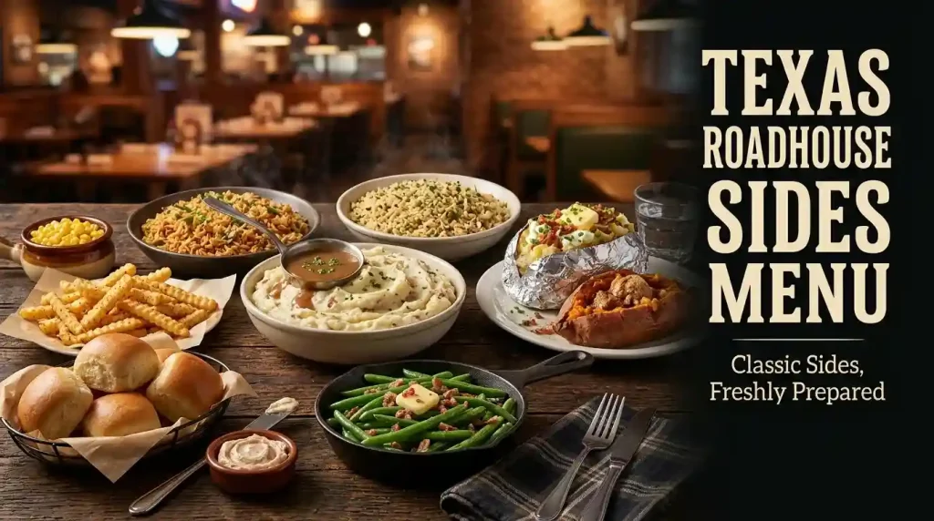 Sides Menu 1 Texas Roadhouse sides menu featuring mashed potatoes, green beans, baked potato, seasoned rice, fries, corn and dinner rolls