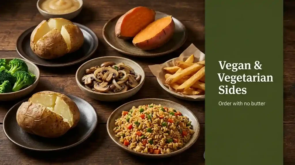 Sides Menu 2 Vegan and vegetarian sides at Texas Roadhouse including baked potato, sweet potato, broccoli, vegetables, rice, mushrooms, applesauce and fries